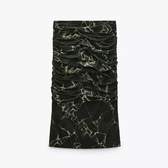 Zara Draped Tulle Midi Skirt Green sz Small Tie-Dye Ruched Sides Mesh Whimsigoth - Picture 3 of 15